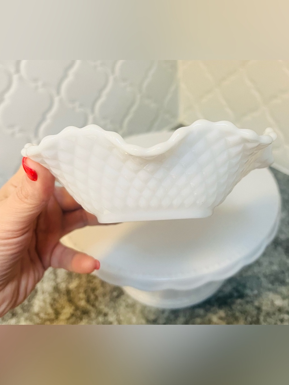 Vintage Milk Glass with Diamond Pattern Scalloped Edge Bowl